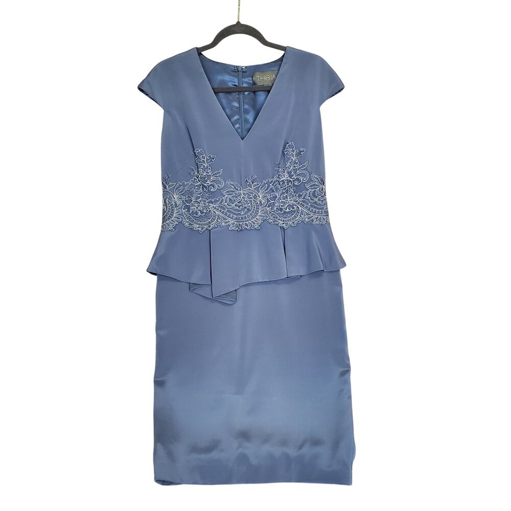 THEIA Periwinkle Blue Dress 12 Mother of Bride Groom Satin Lace Wedding Elegant